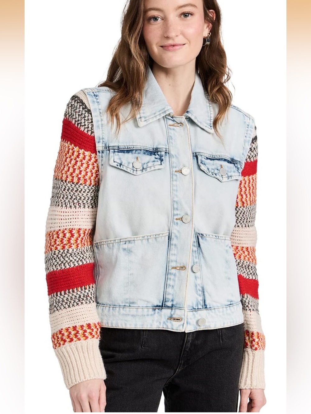 BlankNYC Light Wash Denim Jacket with Red & Multicolor Knit Sleeves